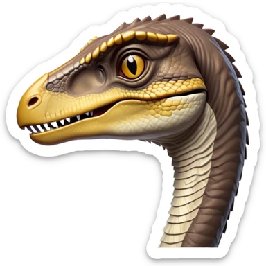 Cinematic Noble Velociraptor Portrait Emoji, Poised and agile, with a slender, streamlined build, sharp, cunning eyes, and a sleek snout hinting at predatory precision, Simplified yet sharply defined features, highly detailed, glowing with a cool, dynamic radiance, high shine, intelligent and swift, stylized with an air of agile prehistoric grace, focused and alert, soft glowing outline, capturing the essence of a watchful and confident Velociraptor that appears ready to dash out of the screen with effortless speed! sticker