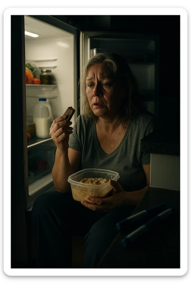 Menopausal woman binge-eating at 2AM after night sweat, fridge light illuminating insulin pens sticker