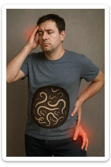 uomo che ignora i suoi un mal di testa, mal di schiena e dolore articolare e ignora ogni segnale e messaggio che il corpo manda per avvertirlo, ma alla fine dipendono tutto dai parassiti intestinali realistica sticker