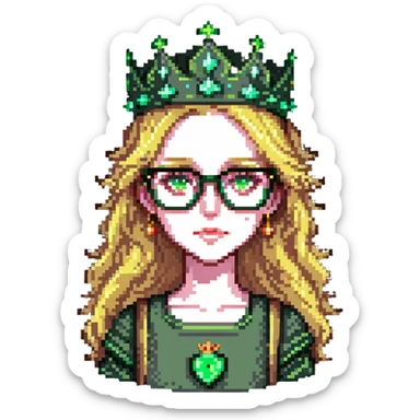beautiful princess with blonde hair, striking green eyes, wearing glasses and a crown sticker
