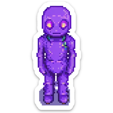 Add glowing eyes to Purple Guy from FNAF standing pose in pixel art style with no background. sticker