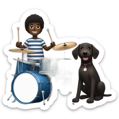 Dark skin guy with slightly receiding hair. Smiling playing the drums. With a black dog with brown stripes, Labrador  for next to him  sticker
