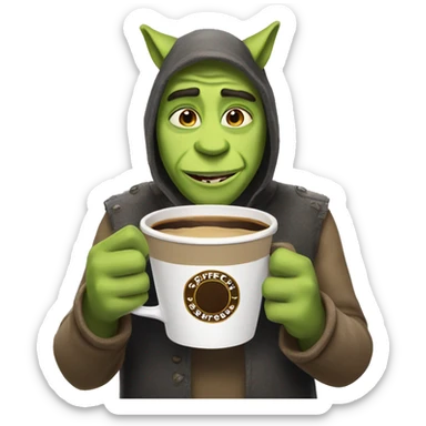 Shreck holding a coffee with cat ears sticker