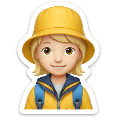 Little student wears yellow bucket hat and jacket, backpack, happy sticker