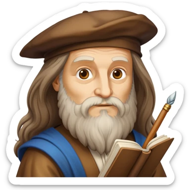 cinematic-realistic-leonardo-da-vinci-portrait-emoji,-depicted-as-the-quintessential-renaissance-polymath-with-deep,-thoughtful-eyes,-a-flowing-beard,-and-a-quill-or-sketchbook-in-hand.-the-scene-is-illuminated-with-warm,-classical-light sticker