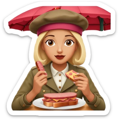  paris woman eating SPAM meat at french spam cafe landscape  sticker