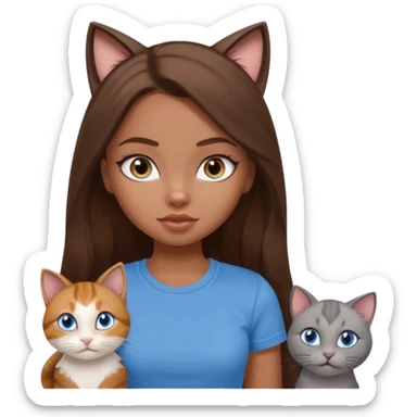 a pretty bratz dusky girl with long brown hair, blue eyes with six cats nd wearing a grey tshirt sticker