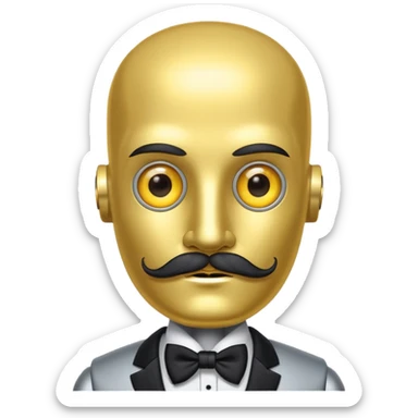 robot with thick moustache, no hair, yellow eyes without pupils, wearing a tuxedo, buff sticker