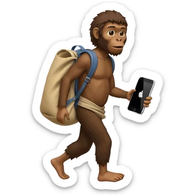 Draw an Australopithecus walking like a nomad, carrying a cloth bundle on its back and holding an iPhone in one hand and an 
macbook(screen visible) in the other, in a cute flat iPhone emoji style sticker
