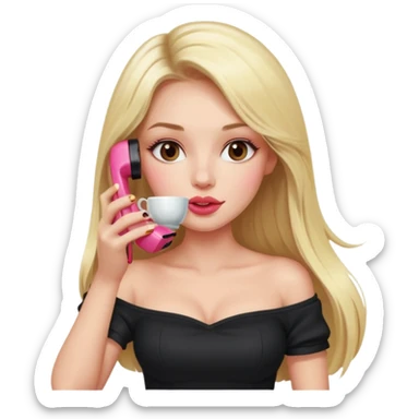 exaggerated features of woman with straight long blond hair, gossiping on a pink analogue phone, holding a tea cup, wearing an off-shoulder black top, red face sticker
