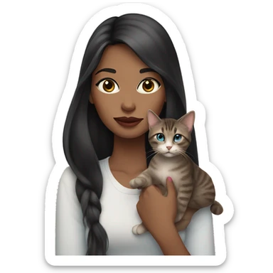 Woman with dark long hair, pink lips and blue eyes holding a tabby cat  sticker