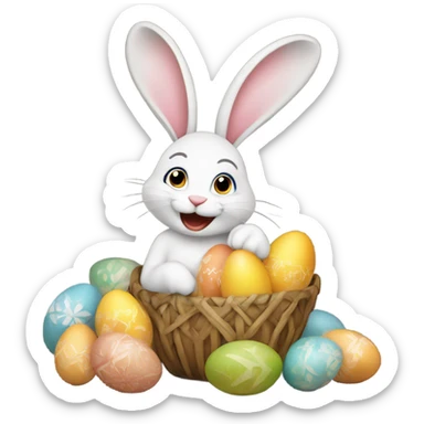 Happy eastern with a bunny holding eggs sticker