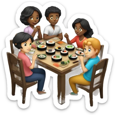 English family of 7 members eating sushi together at kitchen table sticker