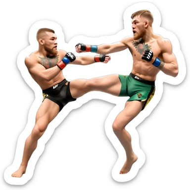 An MMA showdown between Conor McGregor and Anderson Silva in the octagon. McGregor is executing a powerful jumping strike, while Silva is expertly blocking the attack with his forearm. The background features the UFC octagon, fans in the distance, and dynamic action. Transparent background sticker