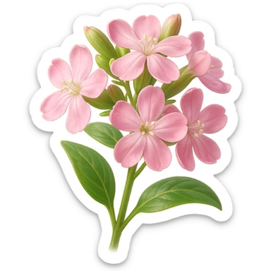 Create a 3D iOS-style square image of realistic soapwort (Saponaria) flowers with delicate pink petals, green stems and leaves. Use soft lighting and a glossy effect. The image should have no background and maintain 1:1 proportions. Style should be in GPT Image style as requested. sticker