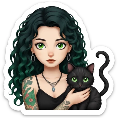 girl with long black Loose curls hair and tattoos and a light green eyes cat sticker