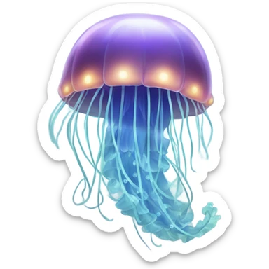 A softly glowing jellyfish (🌊🪼) drifting peacefully in the ocean depths, its tentacles gently trailing behind, symbolizing serenity, mystery, and the beauty of underwater life. sticker