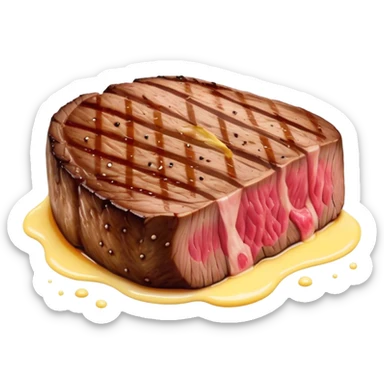Cinematic thick-cut steak, perfectly seared with grill marks, a juicy pink center, butter melting on top, rich and savory, warm glow, sizzling and mouthwatering, highly detailed and appetizing. sticker