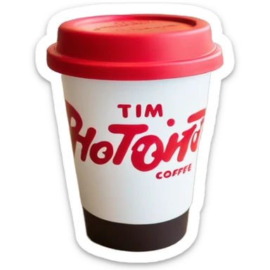 “Red Tim Hortons coffee cup with large white ‘Tim Hortons’ logo in script, black plastic lid, and a simple, clean design.” sticker
