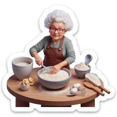 Portrait of a cosmic grandma baking cookies among stars and galaxies, swirling nebula flour clouds, planetary mixing bowls, surreal space setting, emoji-style sticker