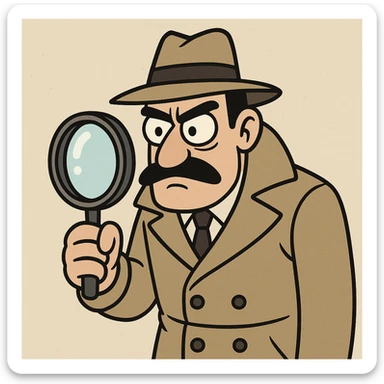 a cartoon-style inspector with a trench coat and hat, holding a magnifying glass sticker