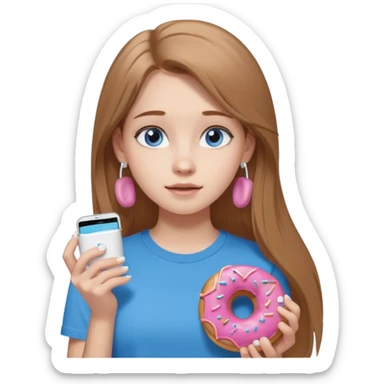 una ragazza dall‘ età di 19 anni con capelli castani chiaro lunghi e lisci ,  occhi celesti,  con addosso una maglietta con una ciambella e le cuffie airpods (bianche) ascoltando violetta sticker