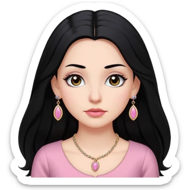 Menina branca ,cabelos pretos longos, olhos pretos puxados para cima. Cílios longos, lábios grossos ,nariz pequeno ,vestido rosa claro de alça. Colar e brinco bem pequeno sticker