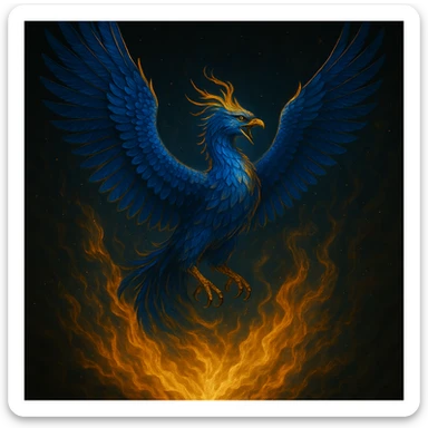 Change the fierce phoenix to blue and gold colors, keep the dramatic lighting, detailed plumage, rising from flames. sticker