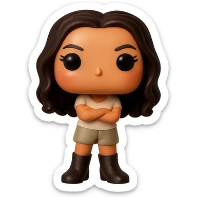 Enhance the quality of the image with smooth golden peach skin and a healthy glow, dark hair with subtle auburn highlights, dark greige leather boots, textured clothing (cream top, greige bottom), arms crossed, rosy cheekbones, very subtle freckles, no neck visible, eyebrows with a mischievous and playful expression, no mouth, transparent background. Maintain the original style and details from the reference image. sticker