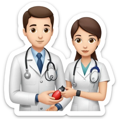 Doctor measuring patient's blood pressure with sphygmomanometer and stethoscope, medical pressure check sticker