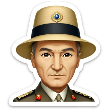Mustafa Kemal Atatürk (statesman) in traditional hat – Cinematic Realistic Portrait of Mustafa Kemal Atatürk, depicted in dignified traditional attire with a distinctive hat, a resolute and visionary expression illuminated by warm, historic lighting, rendered with rich textures that evoke his transformative leadership. sticker