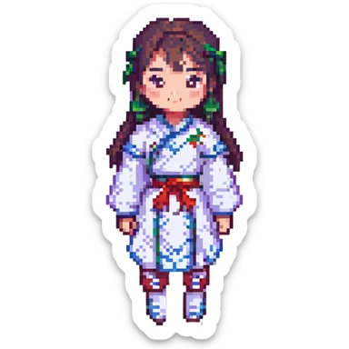 Chinese girl, pixel art style, playful pose, bright colors, minimal background sticker
