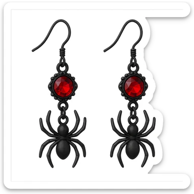 goth earrings with spider charm, black and red, creepy cute gothic sticker