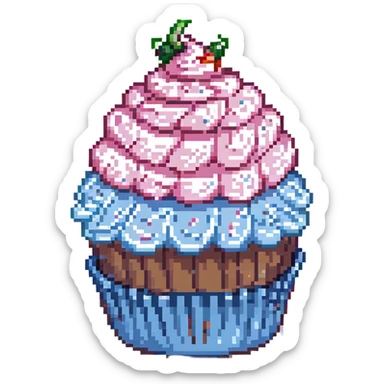 pixel art cupcake with pink icing, in a blue wrapper sticker