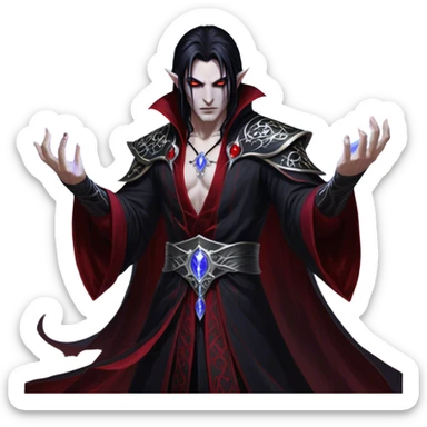 Cinematic Realistic WoW Vampire Mage Portrait, captured in a dynamic, battle-ready pose as he unleashes a torrent of arcane energy. His pallid skin and sleek dark hair contrast sharply with the flowing black robe adorned in silver filigree and glowing runes, while his crimson eyes radiate unyielding power. Rendered with intense, lifelike texture and dynamic, eerie lighting, high shine, embodying the fierce, relentless spirit of a dark sorcerer. sticker