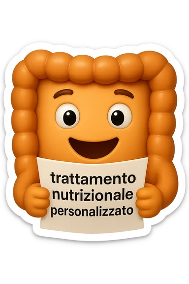 emoji stile iphone di un intestino felice che legge un foglio con la scritta "trattamento nutrizionale personalizzato", non fargli il naso, iperrealistico 4k sticker