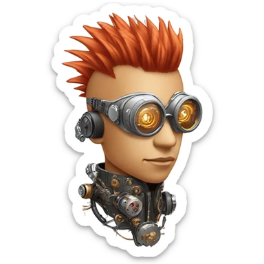 Light red Mohawk hair male cyborg head with white steampunk goggles and circuits sticker