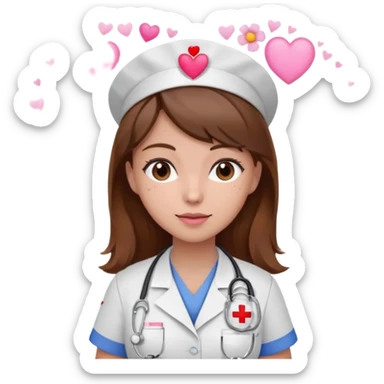 Brown hair Nurse with pink heart and flowers surround her in a random pattern sticker