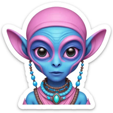 alien living in desert, dressed like a desert alien, pink/blue colorful, accessories, just face  sticker