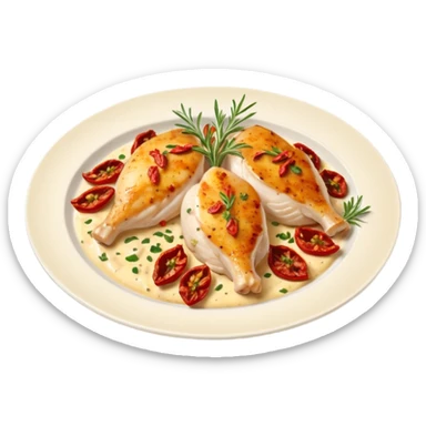 plate of Marry Me Chicken with golden seared chicken breasts in creamy sauce with sun-dried tomatoes and herbs on white plate sticker