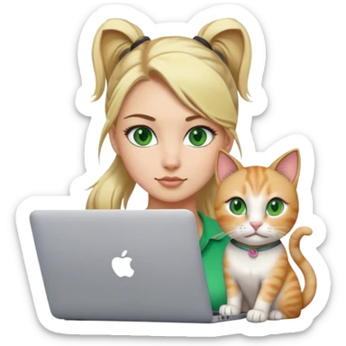 Blonde woman ponytail green eyes with cat and MacBook sticker