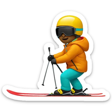 white man skiing in dark yellow orange jacket and red helmet and turquoise pants sticker