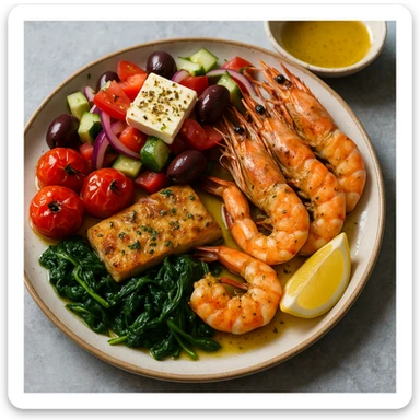 realistic Mediterranean meal plate with seafood, vegetables, and olive oil, vibrant colors sticker