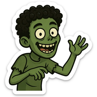 green zombie with black coily hair, lively expression sticker