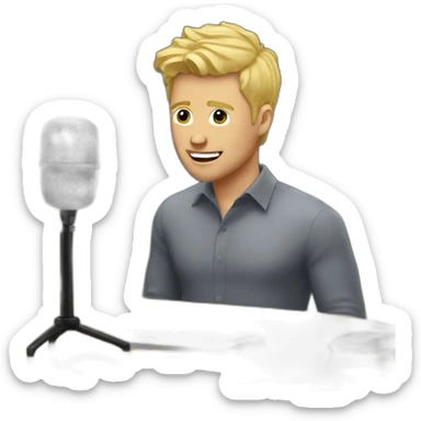 white guy with blonde hair behind a podcast mic on a table sticker