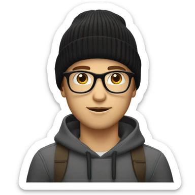 white boy with black reading glasses and a beanie sticker