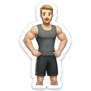 Full height Actively gesturing with hands Pale skinned Fit Man With the biceps and brown hair in dark gray Sleeveless Mike, black oversize sports shorts, watch and white Sneakers sticker