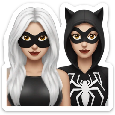A woman with white hair and cat ears and a black mask around her eyes has white skin and a black spiderman mask on her face. sticker