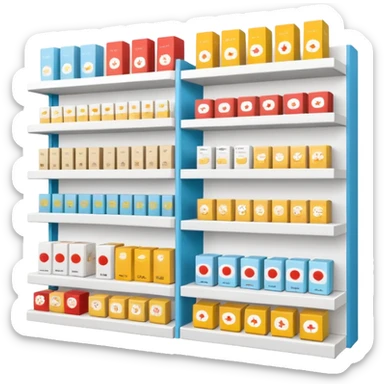 "Minimalist Japanese shelf display, identical products placed directly behind one another (same items stocked in depth), different product types arranged side by side, clean spacing, precise symmetry, soft neutral lighting, front-facing packages, ultra-detailed." sticker