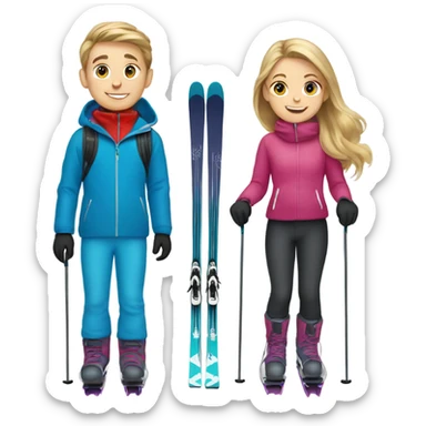 Boy and girl skiing blonde and light brown hair  sticker